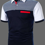 kkboxly  Stripe Pattern Casual Mid Stretch Button Up Short Sleeve Polo Shirt, Men's POLO For Summer