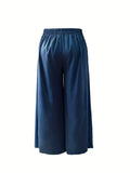 Plus Size Casual Pants, Women's Plus Solid Elastic Button Decor High Rise Loose Fit Wide Leg Trousers