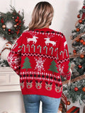 1pc Festive Christmas Knit Cardigan for Women - Casual Style V-Neck Open Front Cardigan with Festive Holiday Patterns, Thick Acrylic Yarn, Loose Fit - Red with Color Block Details