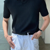 kkboxly  Knitting Short Sleeve Polo Shirts, V-neck Button Up Casual Tops, Men's Clothing