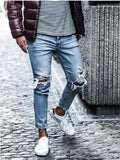 kkboxly  Slim Fit Ripped Jeans, Men's Casual Street Style Distressed Mid Stretch Denim Pants For Spring Summer