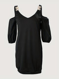 Kkboxly  Chain 3/4 Sleeve Dress, Casual Cold Shoulder V Neck Solid Dress, Women's Clothing