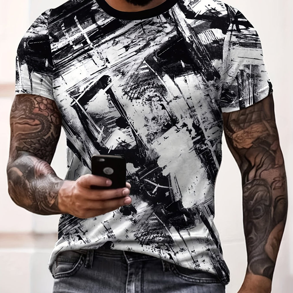 kkboxly  Ink Printing 3D Digital Pattern Print Men's Graphic T-shirts, Causal Comfy Tees, Short Sleeves Comfortable Pullover Tops, Men's Summer Clothing
