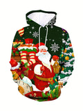 kkboxly  Christmas Elk& Santa Print Hoodie, Cool Hoodies For Men, Men's Casual Graphic Design Pullover Hooded Sweatshirt With Kangaroo Pocket Streetwear For Winter Fall, As Gifts