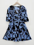 kkboxly  Geometric Print Ruched Dress, Casual Plunging Puff Sleeve Dress For Spring & Summer, Women's Clothing
