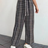 2025 kkboxly  Plaid Pattern Drawstring Waist Pants, Casual Wide Leg Pants, Women's Clothing