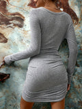 kkboxly  Solid Color Long Sleeve Ruched Dress, Casual Scoop Neck Bodycon Dress For Spring & Fall, Women's Clothing
