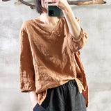 2025    202007/Qiao Ann, linen, autumn washed buckle retro simple loose large size women's shirt
