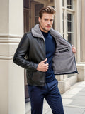 kkboxly Warm Fleece PU Jacket, Men's Casual Solid Color Zip Up Lapel Faux Leather Jacket For Fall Winter