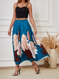 Floral Print Flared Pleated Skirt, Elegant Elastic Waist Midi Skirt, Women's Clothing