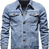 kkboxly  Men's Chic Washed Denim Jacket, Casual Street Style Button Up Contrast Stitching Jacket For Fall Winter