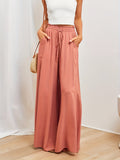 kkboxly  Boho Drawstring Wide Leg Pants, Casual Smocked Waist Elastic Palazzo Pants For Spring & Summer, Women's Clothing