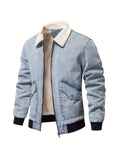 kkboxly  Warm Fleece Denim Jacket, Men's Casual Flap Pocket Jacket Coat With Fur Collar For Fall Winter