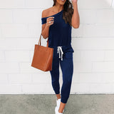 kkboxly  Solid Slanted Shoulder Jumpsuit, Casual Short Sleeve Drawstring Long Length Jumpsuit, Women's Clothing