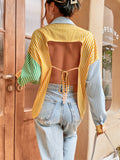 kkboxly  Striped Open Back Shirt, Sexy Color Block Button Down Long Sleeve Shirt, Women's Clothing