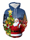 kkboxly  Christmas Elk& Santa Print Hoodie, Cool Hoodies For Men, Men's Casual Graphic Design Pullover Hooded Sweatshirt With Kangaroo Pocket Streetwear For Winter Fall, As Gifts