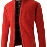 Warm Stand Collar Fleece Jacket, Men's Semi-formal Comfortable Solid Color Zip Up Knitted Cardigan For Spring Fall
