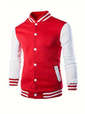 kkboxly  Trendy Varsity Jacket, Men's Casual Color Block Button Up Jacket For Spring Fall School Baseball