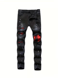 Slim Fit Ripped Cotton Jeans, Men's Casual Street Style Paint Splatter Chain Decor Distressed Mid Stretch Denim Pants For Spring Summer