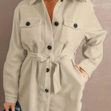 kkboxly  Plus Size Casual Coat, Women's Plus Solid Button Up Long Sleeve Turn Down Collar Shacket With Belt