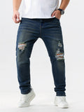 Plus Size Mens Ripped Washed Jeans, Loose Oversized Denim Long Pants, Vintage & Chic Style
