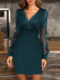 2025 kkboxly  Solid Sequin Stitching Lace Long Sleeve Dress, Elegant Mesh Slim Sexy Party Dress, Women's Clothing