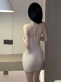kkboxly  Hot Solid Shinny Dress, Hollow Out Halter Neck Backless Bodycon Babydoll, Women's Sexy Lingerie & Underwear