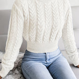 Solid Crew Neck Cable Knit Sweater, Casual Long Sleeve Pullover Sweater, Women's Clothing
