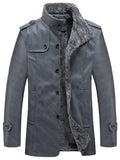 Men's Warm Fleece PU Jacket For Fall Winter, Casual Button Up Stand Collar Faux Leather Jacket