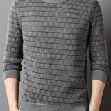 All Match Knitted Striped Sweater, Men's Casual Warm Mid Stretch Crew Neck Pullover Sweater For Men Fall Winter