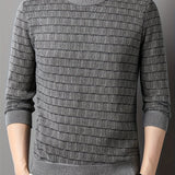 All Match Knitted Striped Sweater, Men's Casual Warm Mid Stretch Crew Neck Pullover Sweater For Men Fall Winter