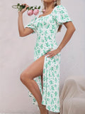 kkboxly  Floral Print Split Backless Dress, Boho Square Neck Short Sleeve Dress, Women's Clothing