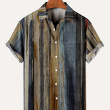 kkboxly  Plus Size Men's Oil Painting Stripes Graphic Print Shirt For Summer, Retro Style Button Up Lapel Short Sleeve Shirt