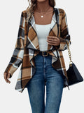 kkboxly  Plus Size Casual Coat, Women's Plus Plaid Print Long Sleeve Waterfall Neck Coat