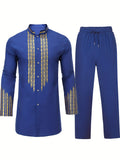 kkboxly Men's African 2 Pcs Set Long Sleeve Gold Print Cotton Dashiki And Pants Outfit Traditional Suit