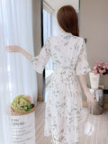 kkboxly  Plants Print Bow Tie Dress, Elegant Short Sleeve Pleated Dress, Women's Clothing