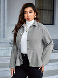 kkboxly  Plus Size Casual Coat, Women's Plus Stripe Print Long Sleeve Button Up Lapel Collar Peplum Coat
