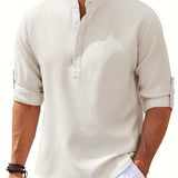 kkboxly Men's Retro Casual Long Sleeve Stand Collar Shirt With Half Button, Spring Fall Outdoor