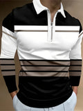 kkboxly  Color Block Striped Men's Long Sleeve Zipper Lapel Shirt, Men's Stylish Spring Fall Golf Shirt