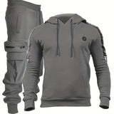 kkboxly Men's Casual 2pcs Set, High Stretch Sports Hoodie & Multi Pocket Joggers Matching Set For Gym Workout Training