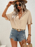 2025 kkboxly  Ruched Short Sleeve Blouse, Casual Button Front Collar Blouse, Women's Clothing