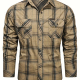 kkboxly  Men's Casual Plaid Button Up Long Sleeve Cotton Multi-pocket Cargo Shirt, Men's Clothes For Spring Summer Autumn, Tops For Men