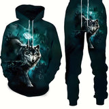 kkboxly  Plus Size Men's Wolf & Letters Graphic Print Sweatshirt & Sweatpants Set For Sports/outdoor/workout, Spring/autumn 2Pcs Tracksuit For Big & Tall Males, Men's Clothing