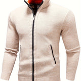 kkboxly  Warm Stand Collar Fleece Jacket, Men's Semi-formal Comfortable Solid Color Zip Up Knitted Cardigan For Spring Fall