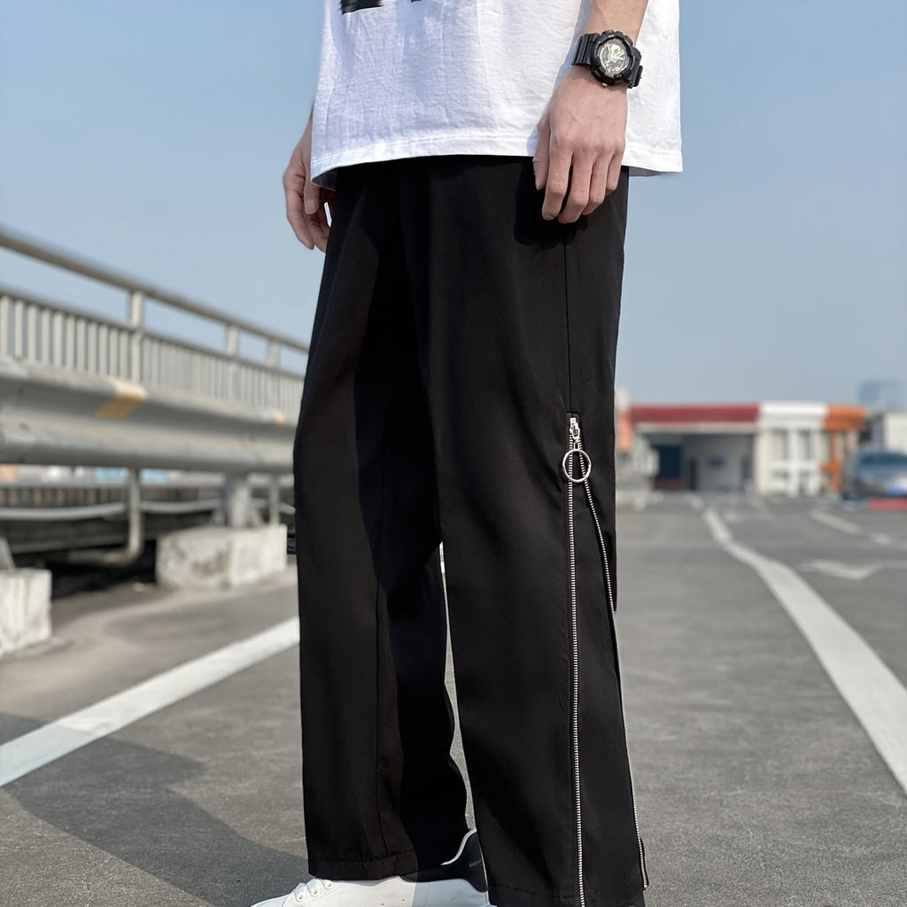 kkboxly  Wide Leg Zipper Side Sweatpants, Men's Casual Solid Color Slightly Stretch Drawstring Pants For Spring Summer