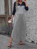 kkboxly  Women's Casual Loose Dress Long Sleeve Front Asymmetric Dress Striped Button Dress