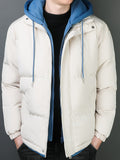 kkboxly  Men's Hooded Padded Jacket, Men Casual Fake Two Piece Padded Coat Windbreaker Zipper For Men Winter