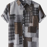 kkboxly  Men's Check Panel Contrast Color Casual Linen Short Sleeve Shirt Best Sellers