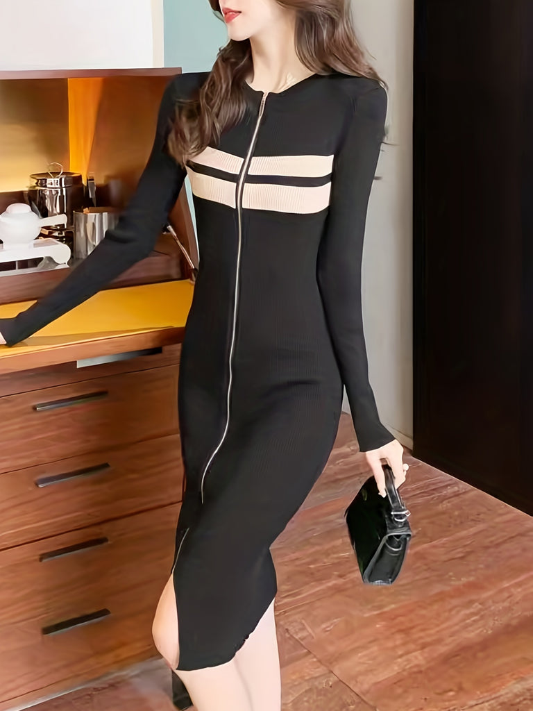 kkboxly  Zip Up Striped Dress, Casual Long Sleeve Bodycon Midi Dress, Women's Clothing