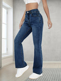 kkboxly  High Waist Leisure Bootcut Jeans, Mid-stretch Plicated Pattern Denim Pants With Slash Pocket, Women's Denim Jeans & Clothing